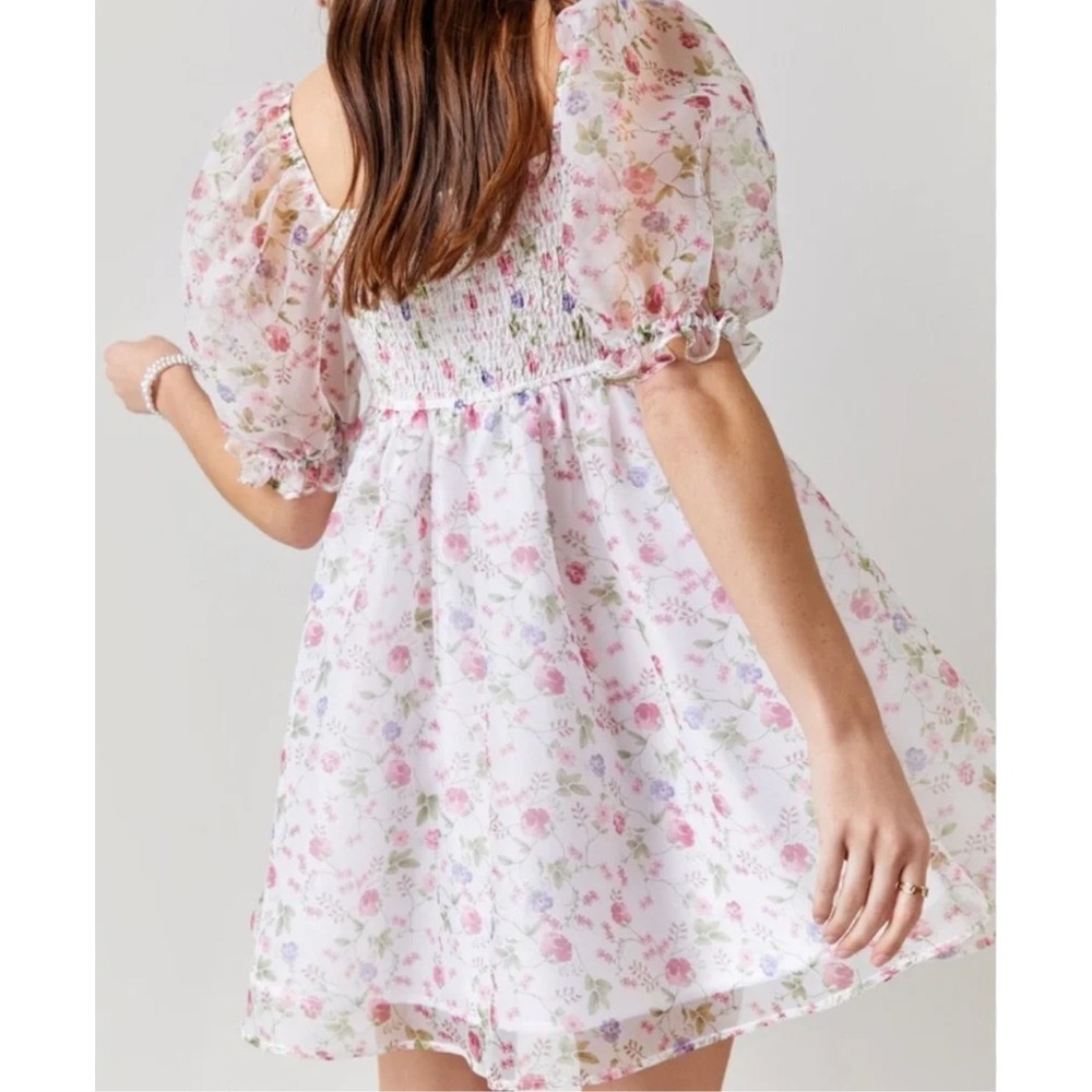 Audrey Parks Francesca's Floral Puff Sleeve Organza Mini Babydoll Dress XS - Picture 2 of 7